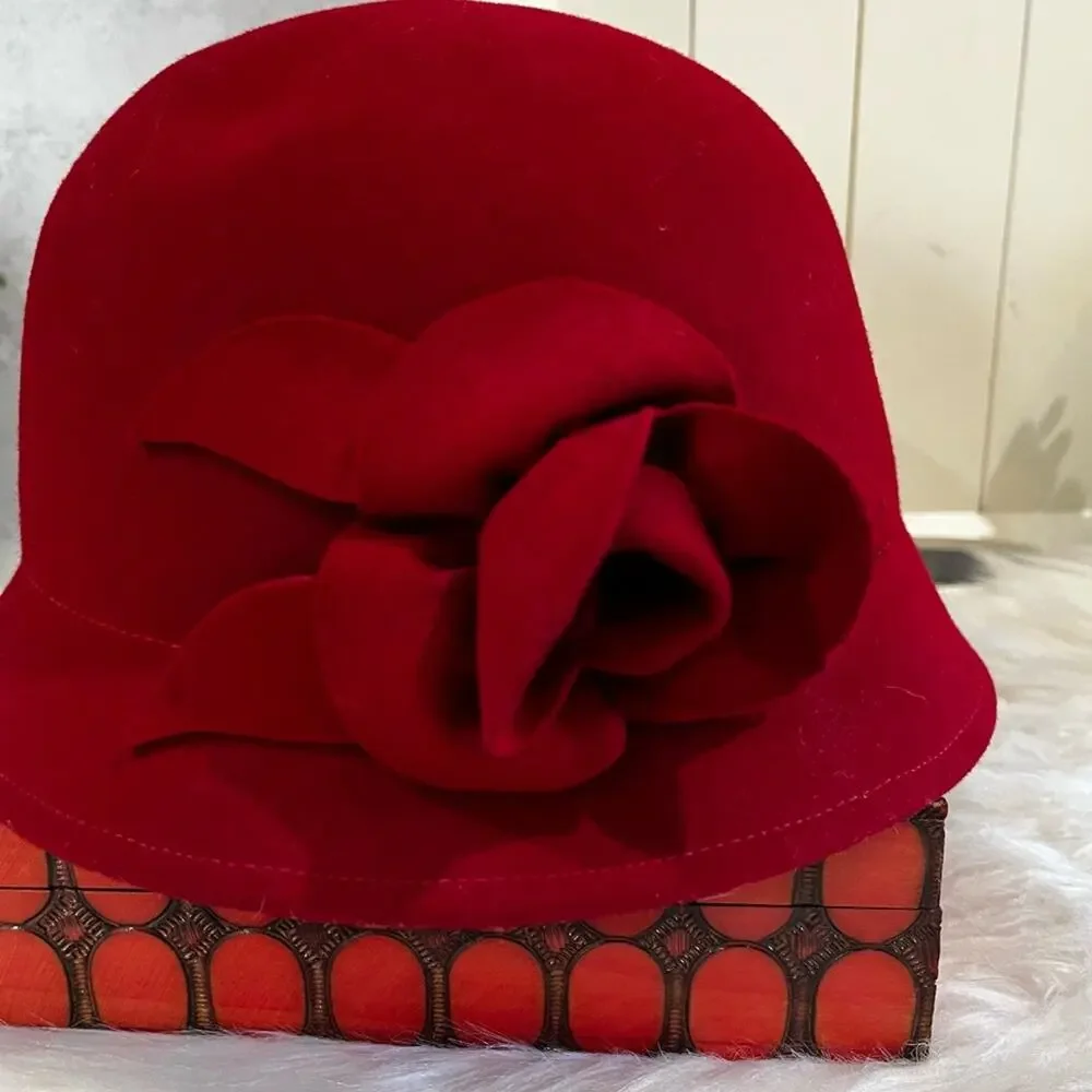 NEW Charter Club Wool Gatsby Cloche Bucket 1920’s Rose Winter Hat Red OS NWT